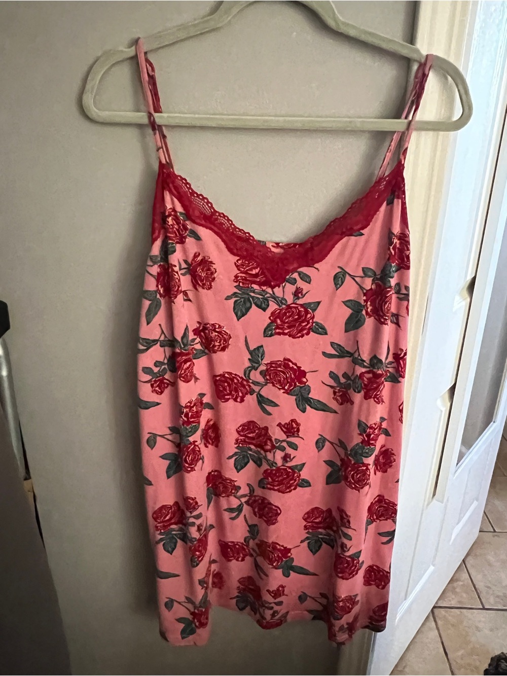 Floral Lace-Trim night Dress - Pink with Red Roses